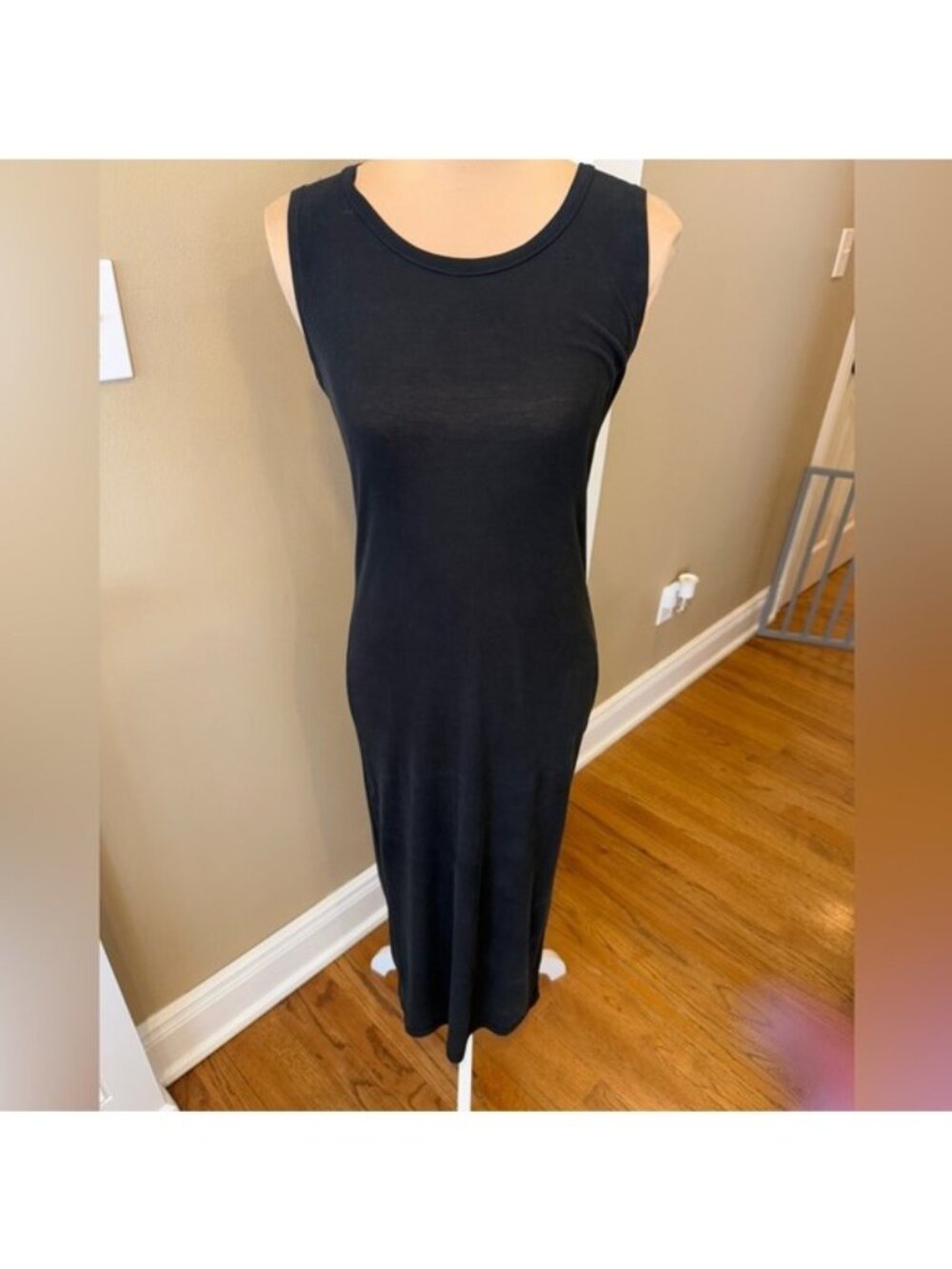 Oak + Fort Sleeveless Black Midi Dress OS Ribbed Modal Polyester Deep V Back